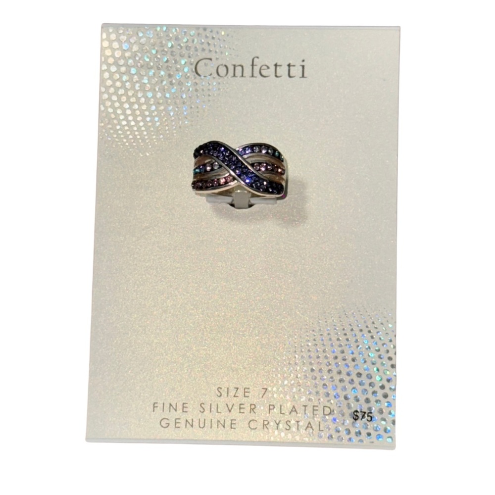 NWT ‘Confetti’ purple and pink genuine crystal, fine silver-plated ring - size 7